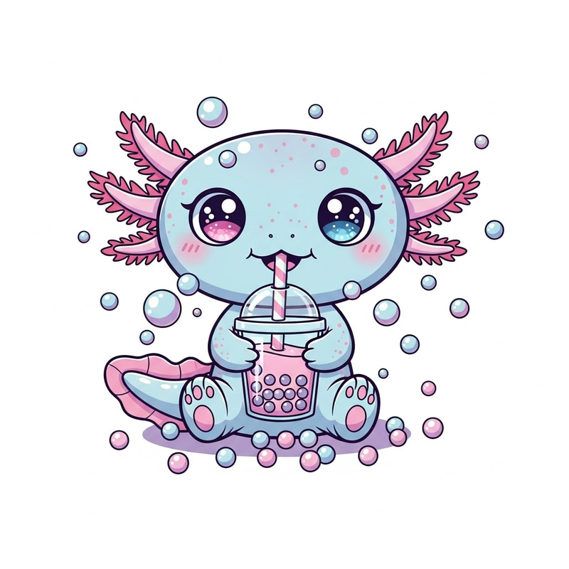 Pastel Axolotl Sipping Bubble Tea with Bubbles and Pearls Pastel Axolotl Sipping Bubble Tea with Bubbles and Pearls