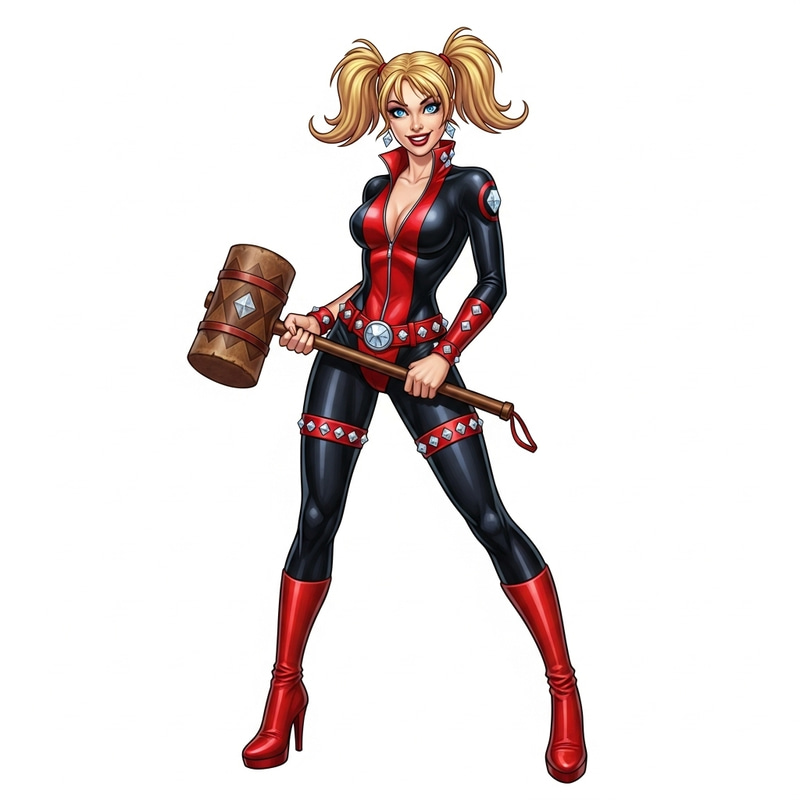 Daring Black and Red Harley Quinn Inspired Woman with Mallet Daring Black and Red Harley Quinn Inspired Woman with Mallet