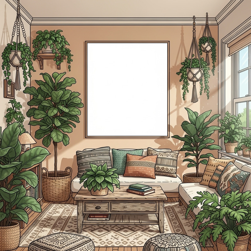 Tranquil Boho Living Room with Lush Green Houseplants Tranquil Boho Living Room with Lush Green Houseplants