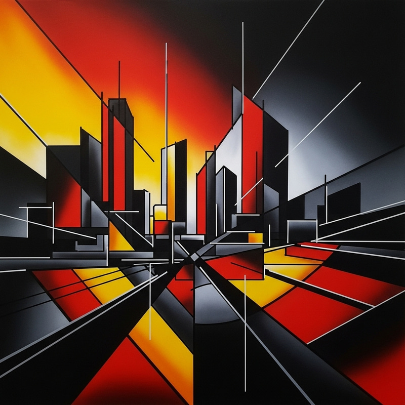 Vibrant Cityscape: Abstract Shapes & Fiery Colors Vibrant Cityscape: Abstract Shapes & Fiery Colors