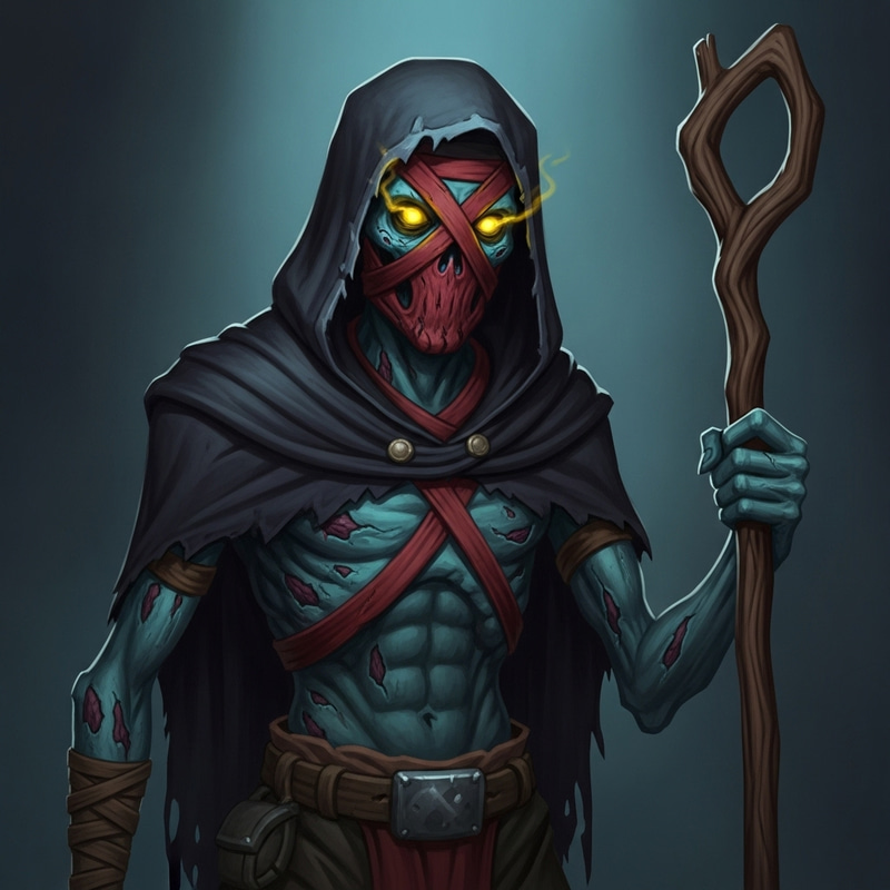 Mystical Undead Figure with Glowing Yellow Eyes and Wooden Staff Mystical Undead Figure with Glowing Yellow Eyes and Wooden Staff