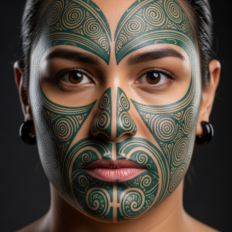 Maori Cultural Heritage: Intricate Facial Tattoo in Blue & Green