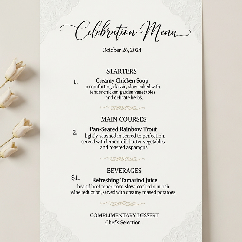 Special Day Menu: Chicken Soup, Fried Trout, Stewed Beef & Tamarind Juice