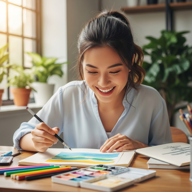 Young Woman Smiling with Focus and Happiness Young Woman Smiling with Focus and Happiness