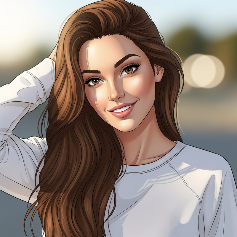 Lucy Pinder Illustration | Serene Woman with Long Brown Hair