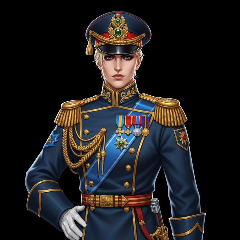 Captivating Blonde Individual with Commanding Presence in Opulent Military Uniform