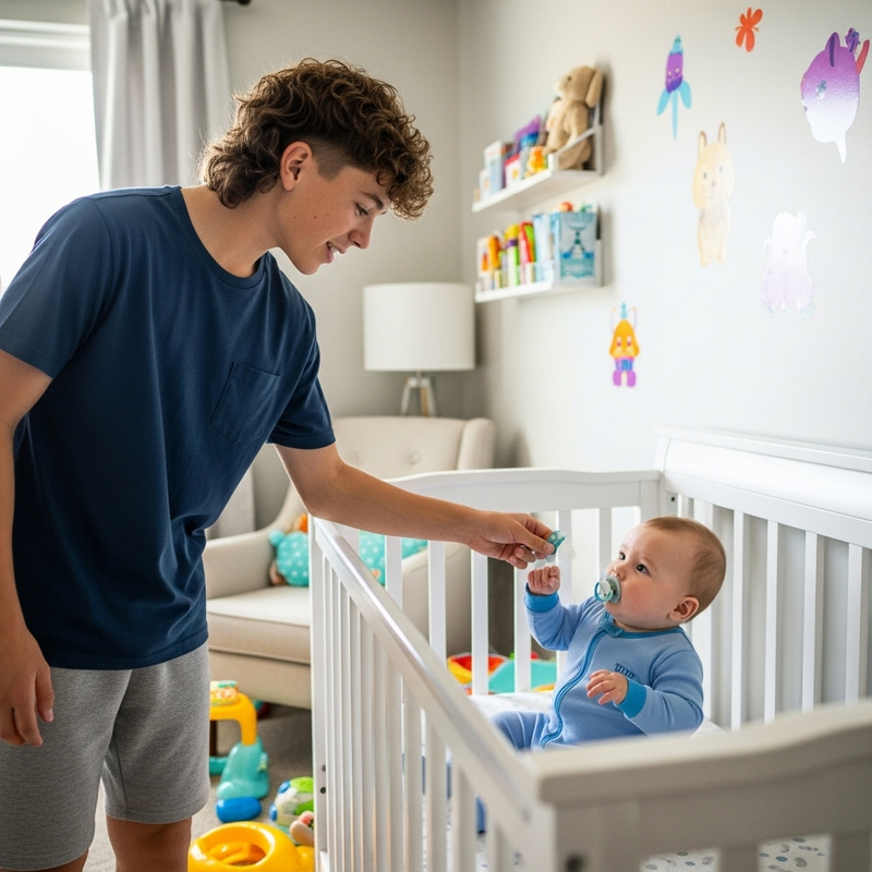 Curly Mullet Boy Sneaks to Take Pacifier from Baby Brother in Nursery Room
