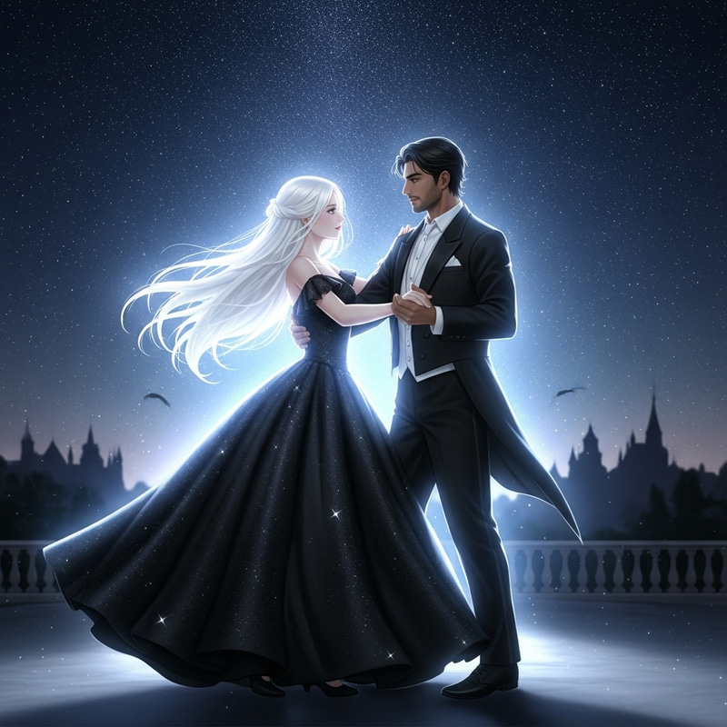 Elegant Dance: White-Haired Girl & Dark-Haired Man Waltzing under Night Sky Elegant Dance: White-Haired Girl & Dark-Haired Man Waltzing under Night Sky