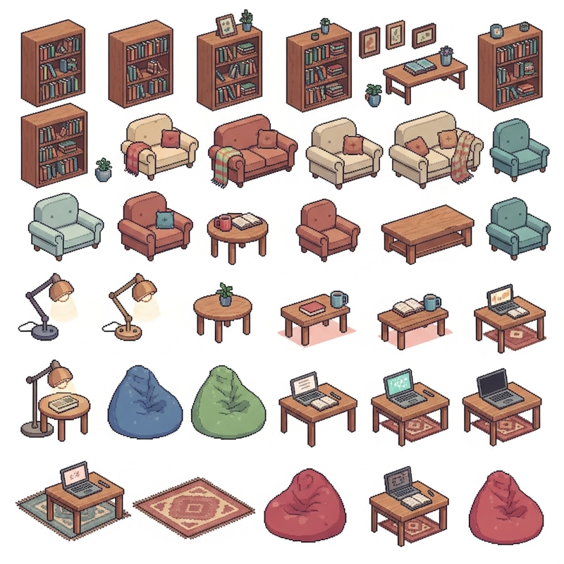 Lo-fi Chill Library Furniture Pixel Art Sprite Sheet