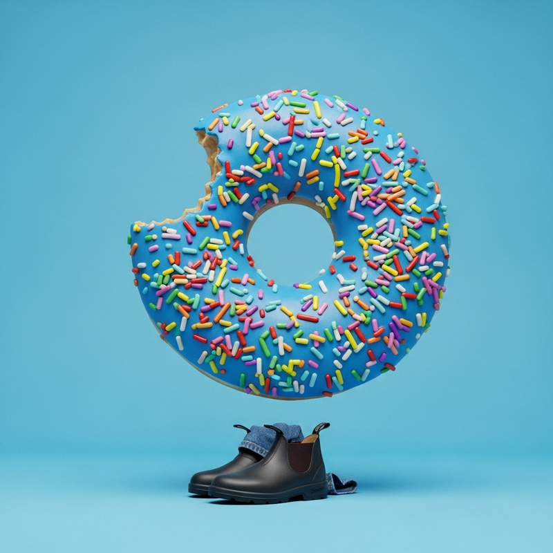 Blue Donut with Colorful Sprinkles and Blundstone Shoes Blue Donut with Colorful Sprinkles and Blundstone Shoes