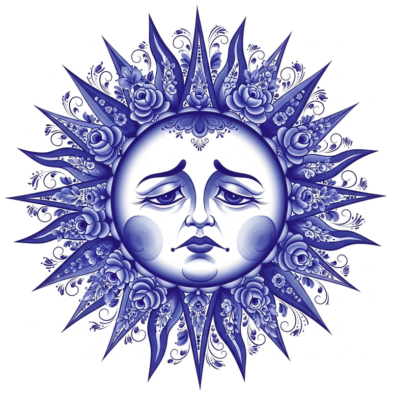 Melancholy Sun in Gzhel Style - Traditional Russian Folk Art Inspired Melancholy Sun in Gzhel Style - Traditional Russian Folk Art Inspired