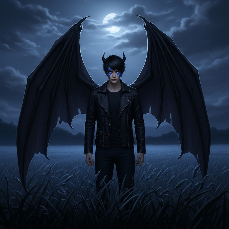 Young Man with Demon Wings and Blue Scales in Field at Night