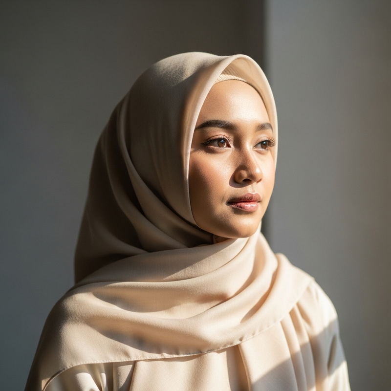 Elegant Indonesian Woman in Cream-Colored Hijab | Serene Beauty Elegant Indonesian Woman in Cream-Colored Hijab | Serene Beauty