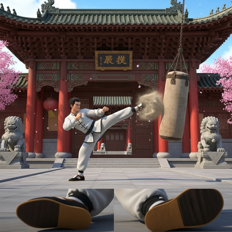 3D Bruce Lee Kicking Sandbag in Chinese Temple Scene 3D Bruce Lee Kicking Sandbag in Chinese Temple Scene