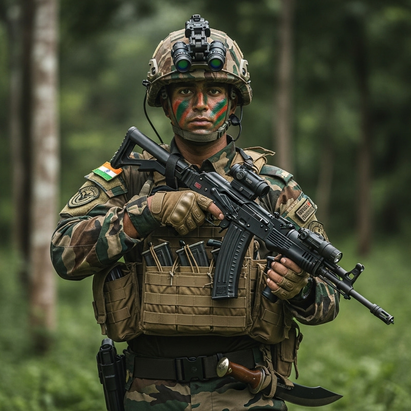 Indian Gurkha Soldier in Full Jungle Camouflage with AK-74 Rifle and Night Vision Goggles Indian Gurkha Soldier in Full Jungle Camouflage with AK-74 Rifle and Night Vision Goggles