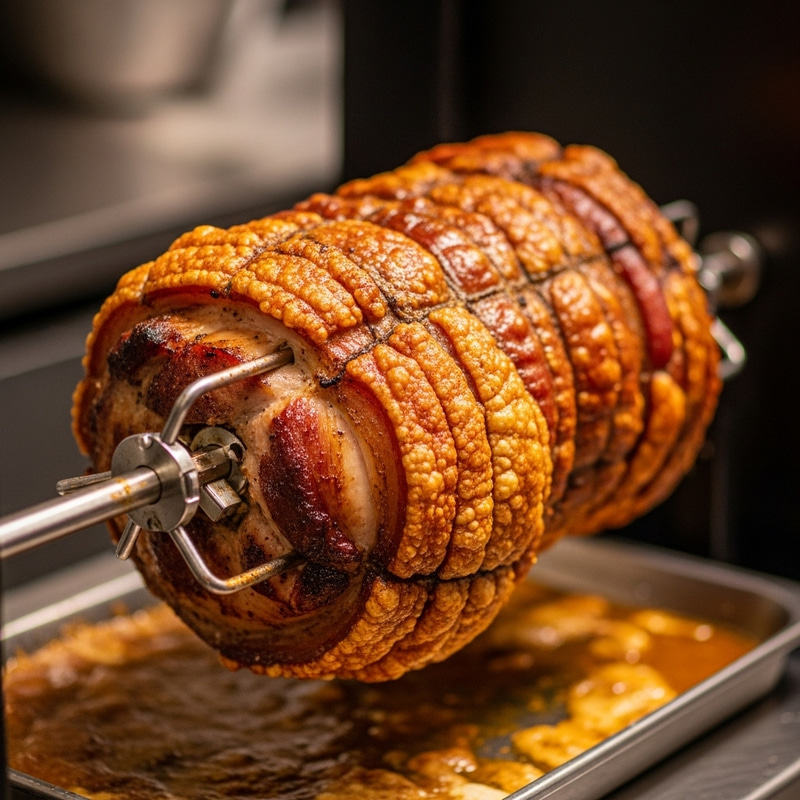 Captivating Succulent Pork Roast on Spit - Vibrant Food Photography