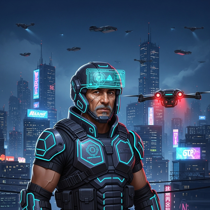 Cyberpunk Security Officer Amidst Neon Urban Sprawl Cyberpunk Security Officer Amidst Neon Urban Sprawl