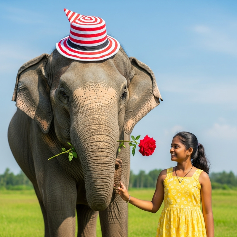 Fun Elephant with Hat and Rose Beside a Girl