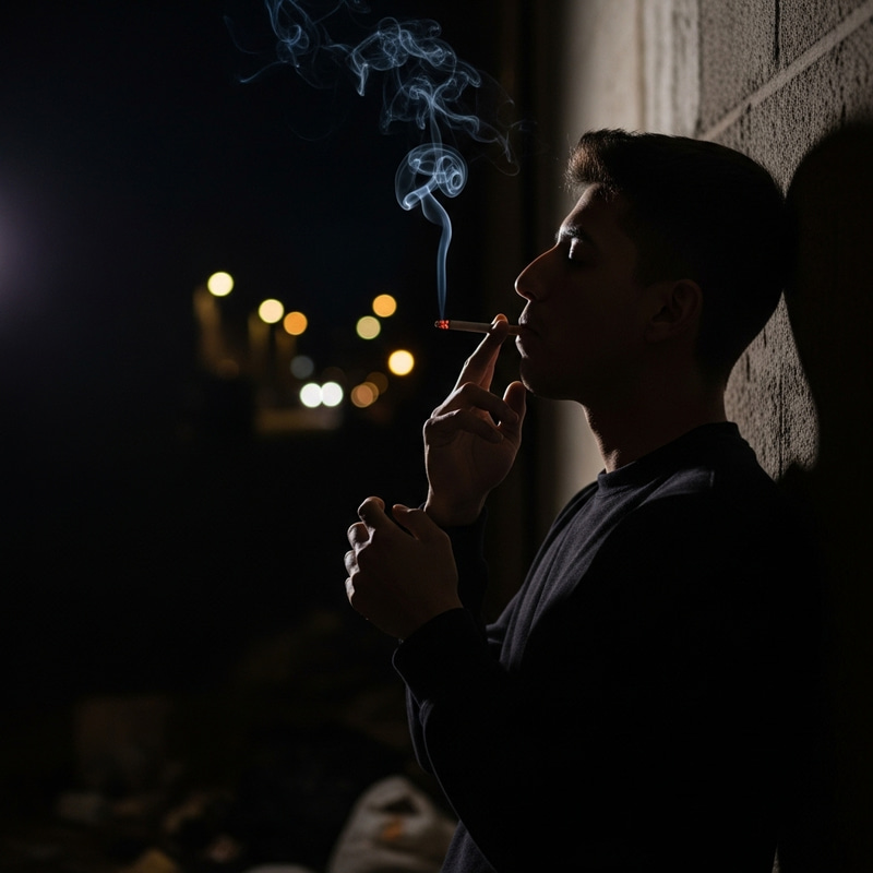 Sad Man Smoking in Dimly Lit Alley Sad Man Smoking in Dimly Lit Alley