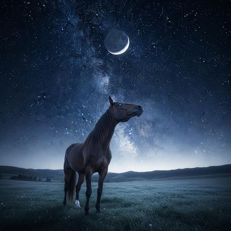 Lonely Horse Standing in Field at Night Gazing at Starry Sky Lonely Horse Standing in Field at Night Gazing at Starry Sky