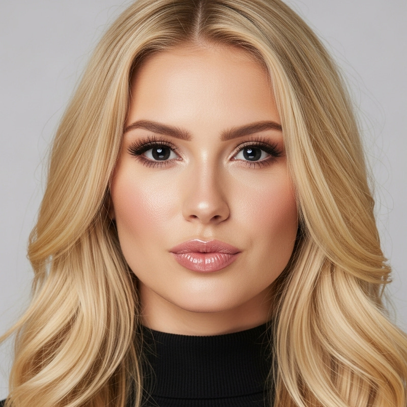 Stunning Blonde Woman with Strikingly Black Eyes and Glossy Pouty Lips Stunning Blonde Woman with Strikingly Black Eyes and Glossy Pouty Lips