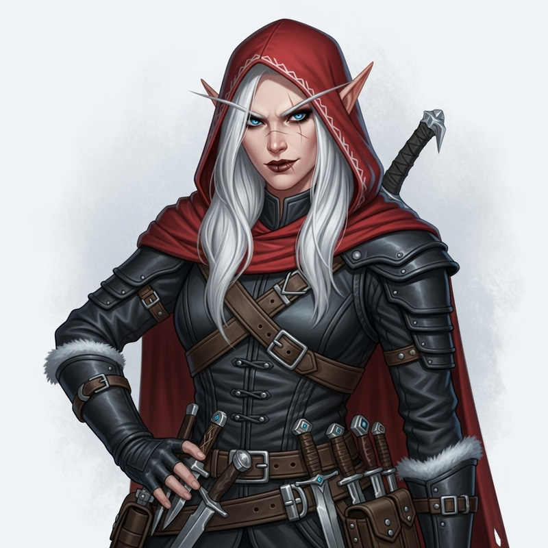Detailed Half-Elf Female Rogue with Stark White Hair Detailed Half-Elf Female Rogue with Stark White Hair