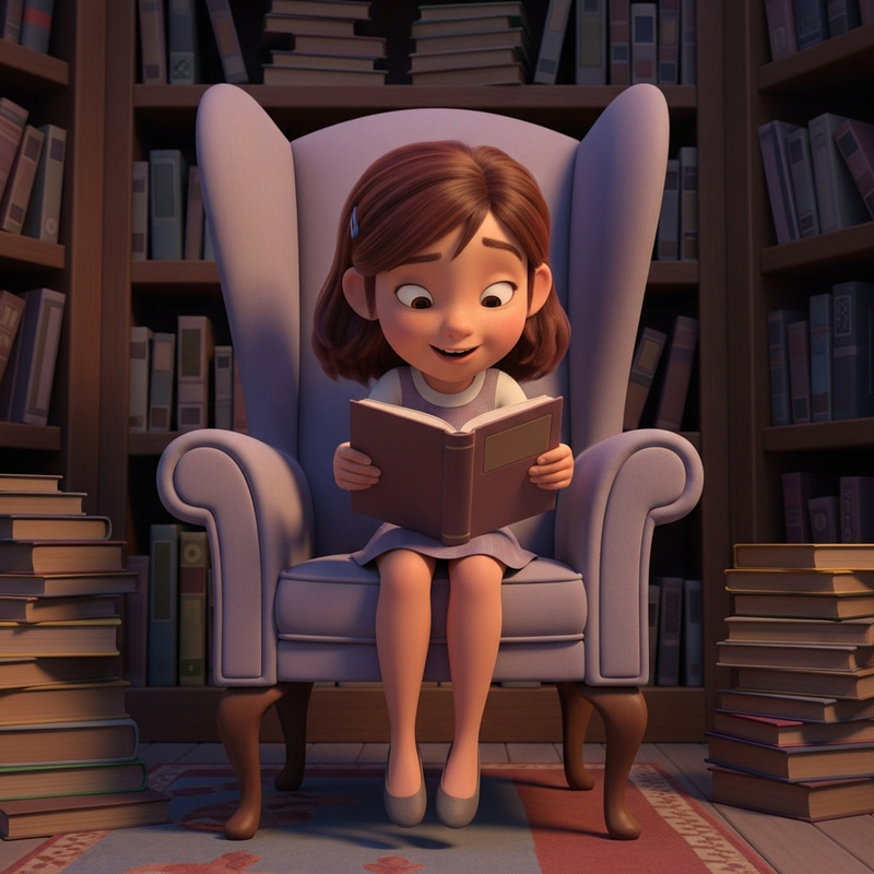 Enchanting Girl with Brown Hair Reading in Magical Library