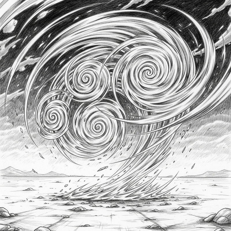 Monochrome Wind Swirls: Pencil Sketch in Minimalist Manga Style