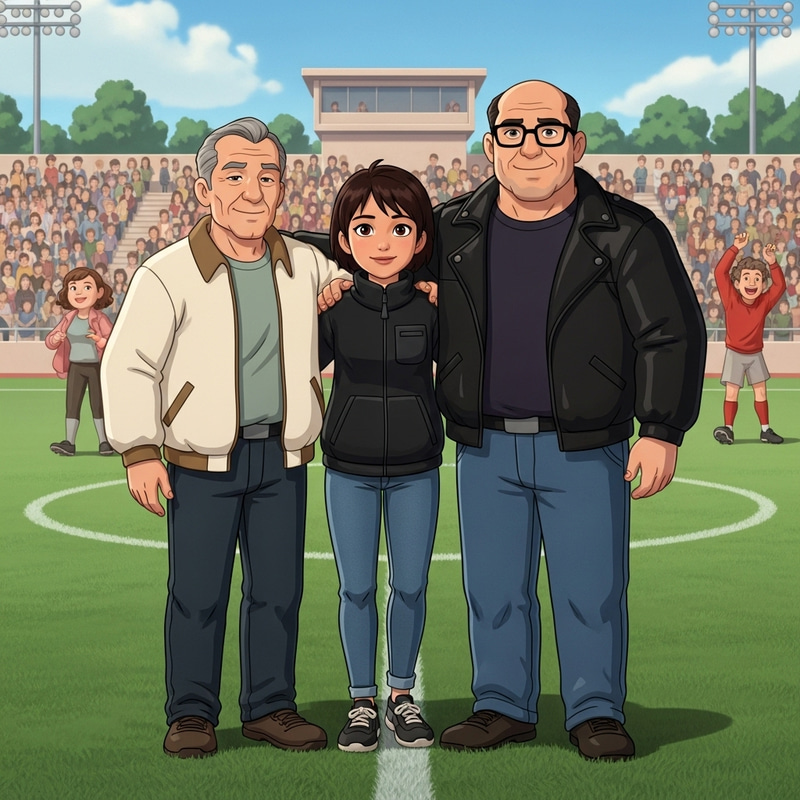 Heartfelt Pixar-Style Movie Poster of Young Woman, Two Men on Soccer Field