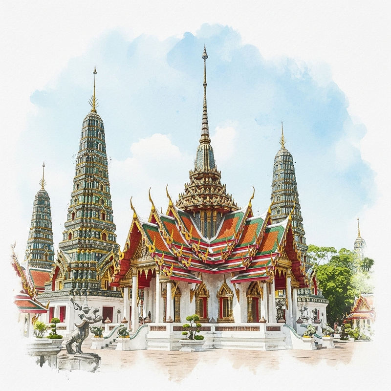 Intricate Thai Temple Watercolor Art Intricate Thai Temple Watercolor Art