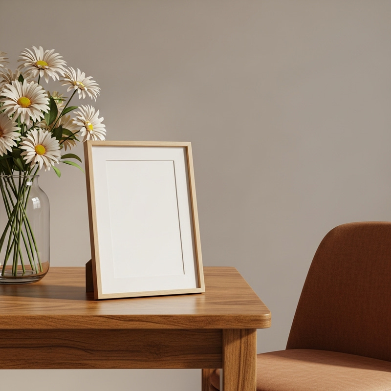 Vintage Photo Frame on Wooden Table with Fresh Flowers - Homey Scene Vintage Photo Frame on Wooden Table with Fresh Flowers - Homey Scene