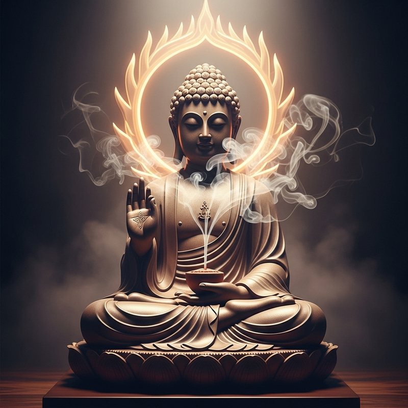 Serene Buddha Statue Amid Soft Hues and Incense Smoke Serene Buddha Statue Amid Soft Hues and Incense Smoke