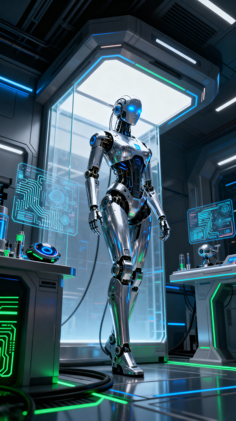 Futuristic AI Robot in High-Tech Laboratory Futuristic AI Robot in High-Tech Laboratory