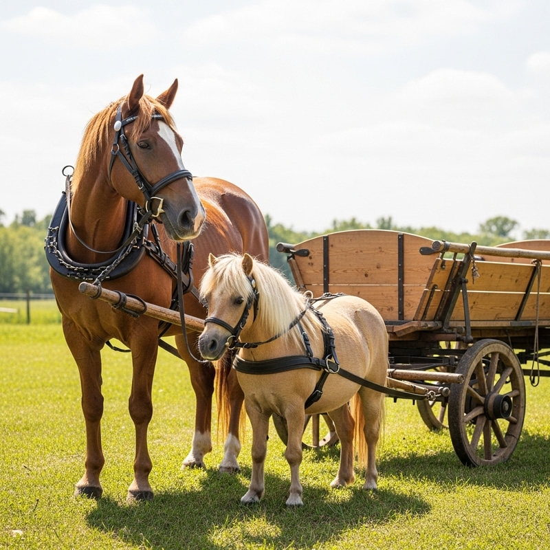 Horse and Pony Pulling Empty Cart | Serene Field Scene Horse and Pony Pulling Empty Cart | Serene Field Scene