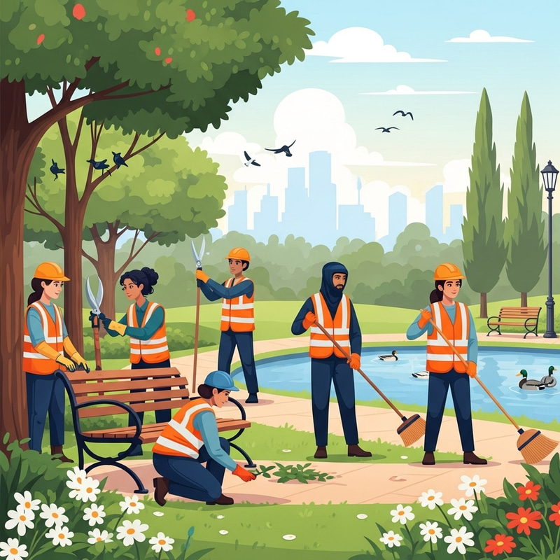 Mantenimiento y Medio Ambiente: Workers Harmoniously Maintain Lush Park