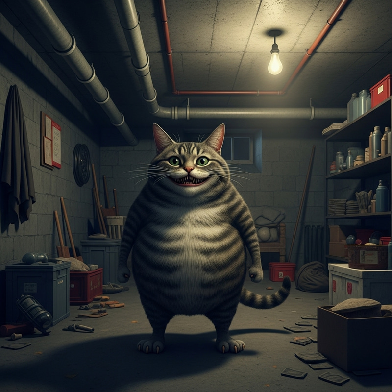 Spooky Human-like Cat in Dimly Lit Basement | Unusual Features Spooky Human-like Cat in Dimly Lit Basement | Unusual Features