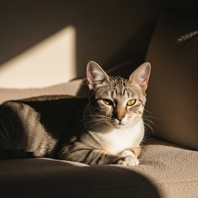 Sleek Feline Basking in Sunlight | Classic Indoor Tranquility Sleek Feline Basking in Sunlight | Classic Indoor Tranquility