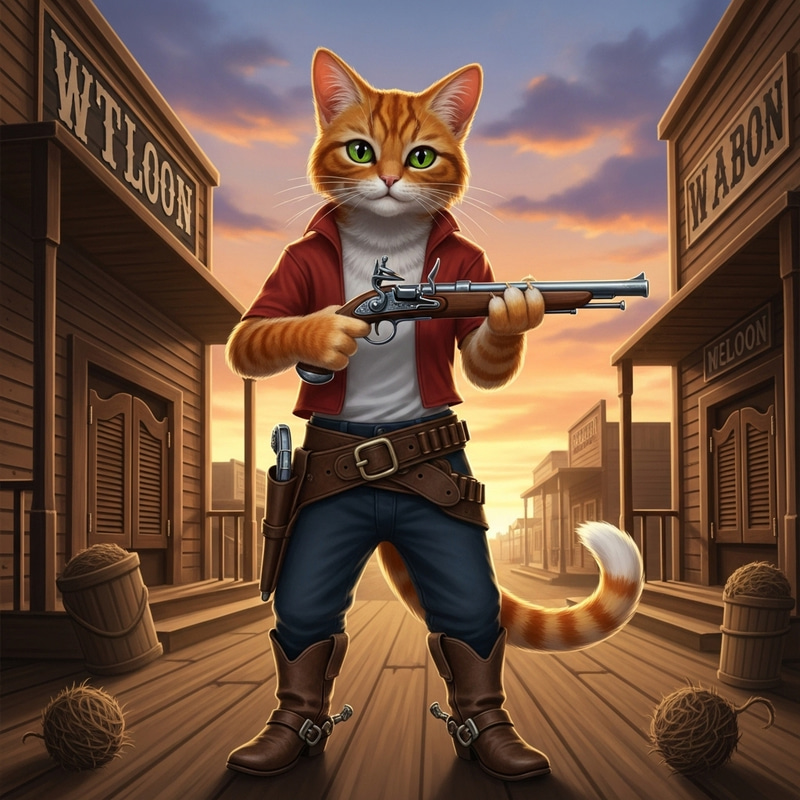 Cat with Gun in Wild-West Town Cat with Gun in Wild-West Town