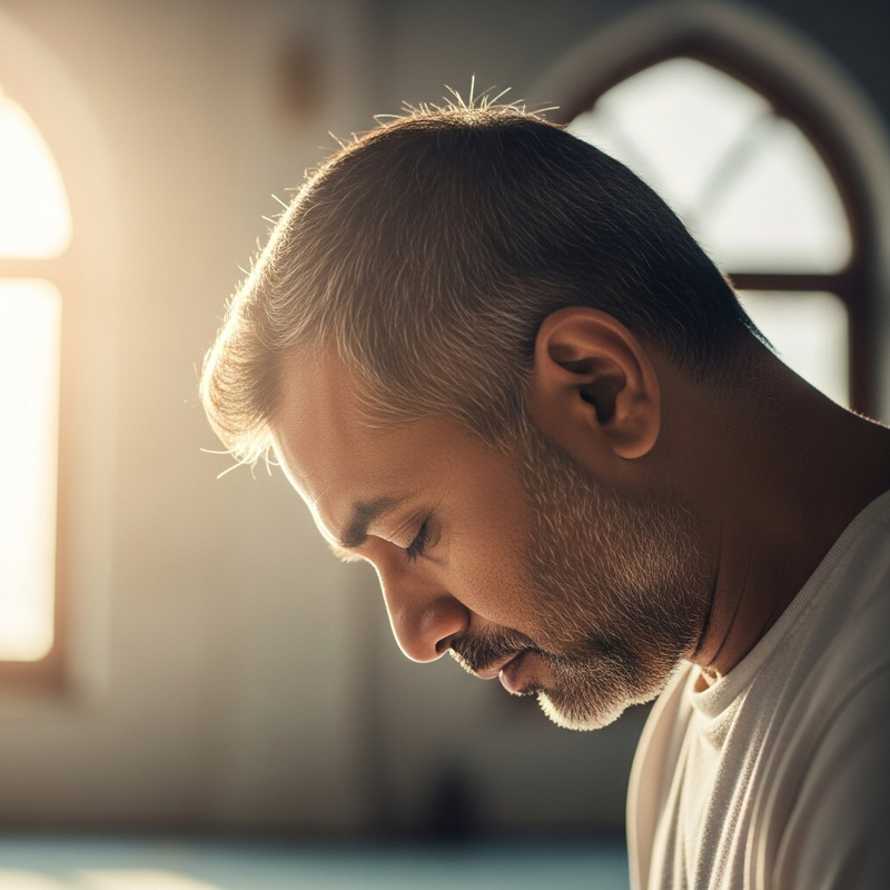 Man Bowing Head in Prayer with Bright Light Man Bowing Head in Prayer with Bright Light