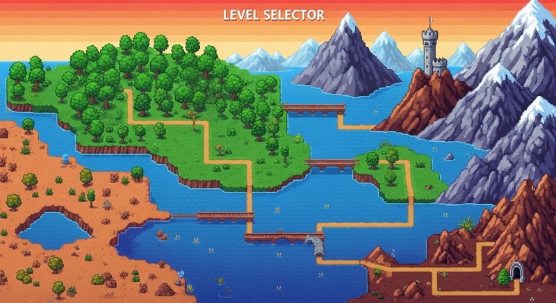 32-Bit Pixelated Level Selector Map - Retro Adventure Journey