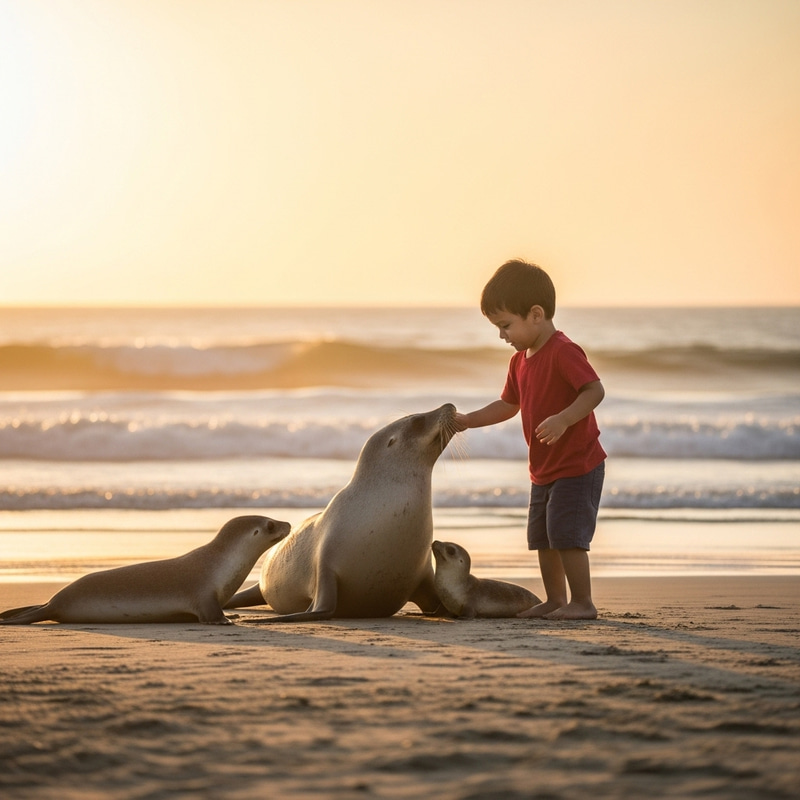 Boy Interacting with Seals at Sunset Beach Boy Interacting with Seals at Sunset Beach