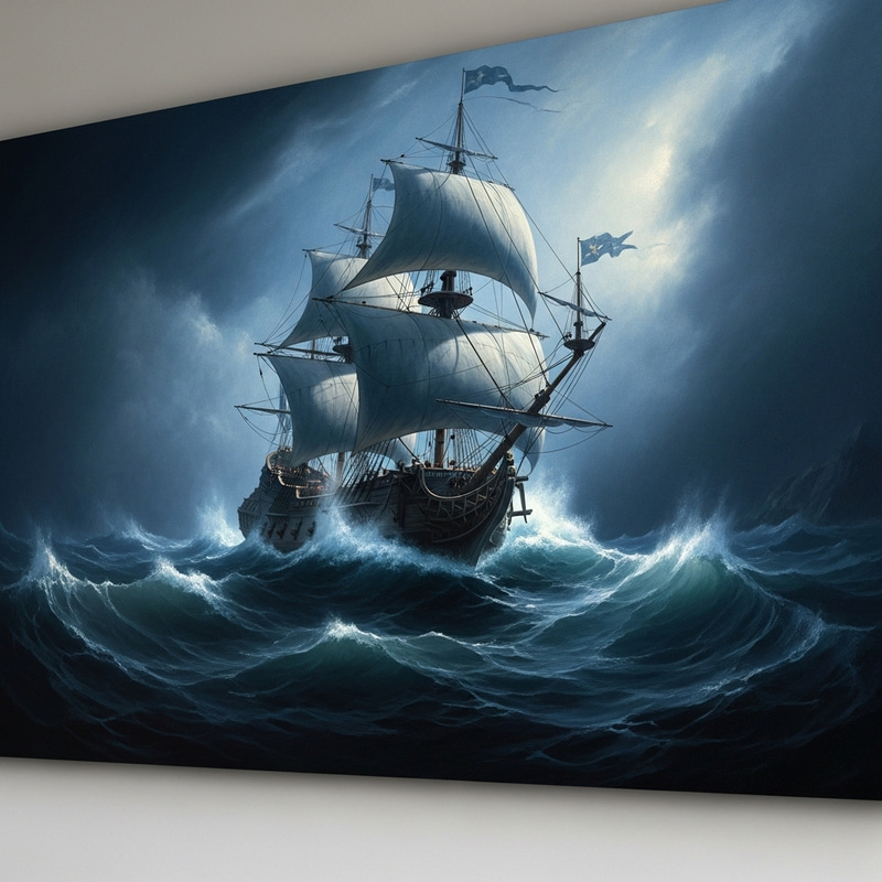 Majestic 17th-Century Ship in Dramatic Stormy Night Scene