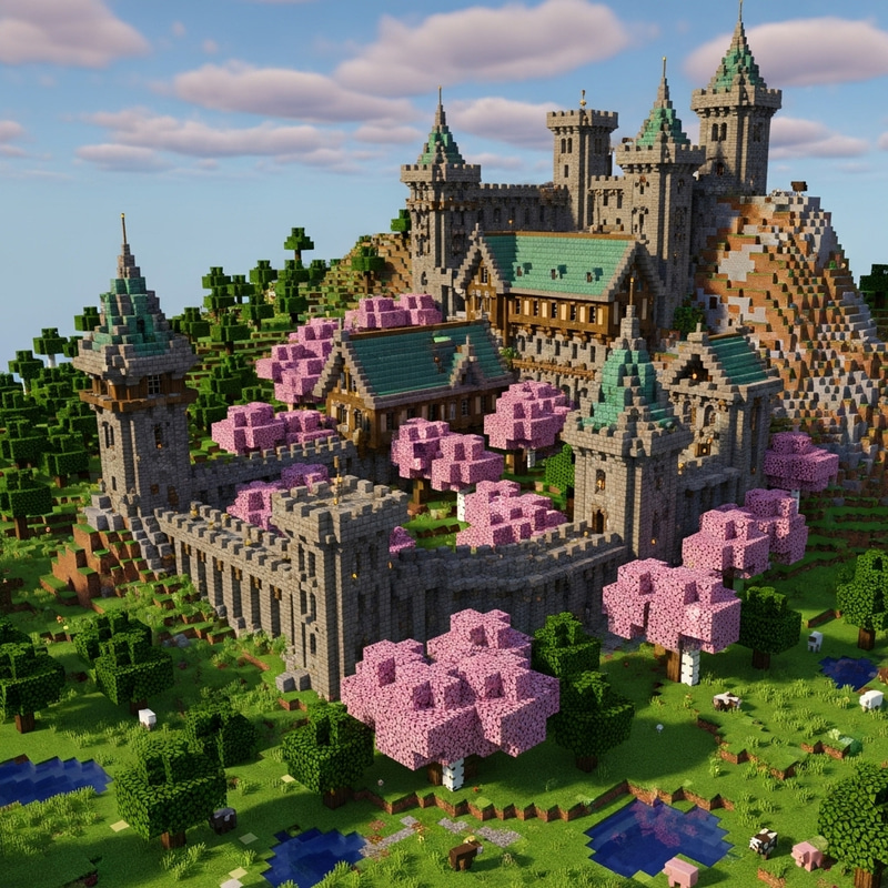 Grand Medieval Castle with Sakura Trees in Minecraft 1.20 Grand Medieval Castle with Sakura Trees in Minecraft 1.20