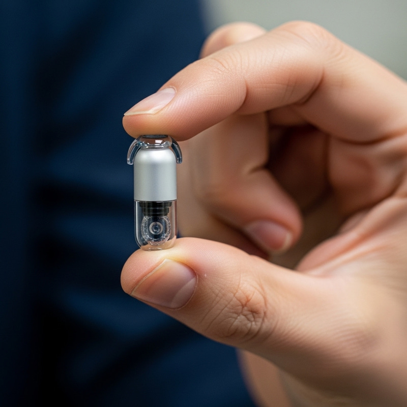 Human Hand Holding Capsule Endoscopy Camera Human Hand Holding Capsule Endoscopy Camera