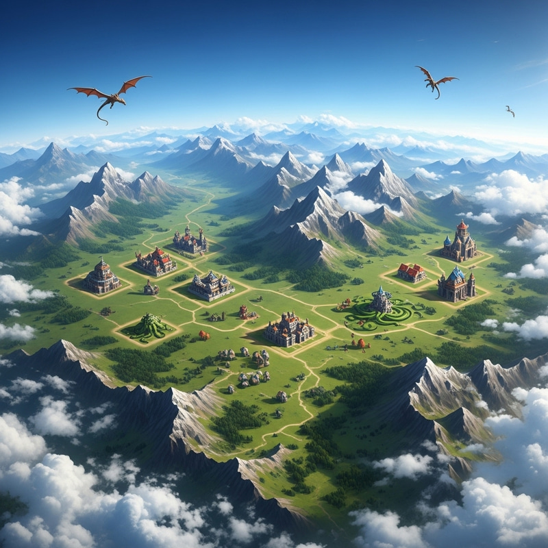 Mythical Creatures and Verdant Landscapes in a Vast Aerial View