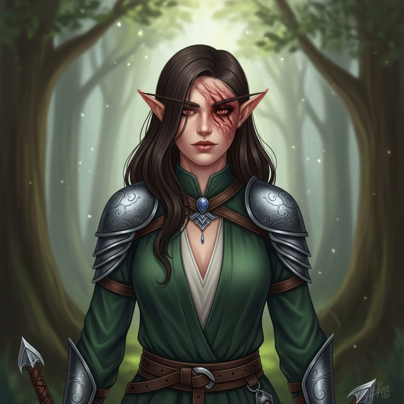 Striking Brunette Elf with Scar: Half-Face Burn Detail Striking Brunette Elf with Scar: Half-Face Burn Detail
