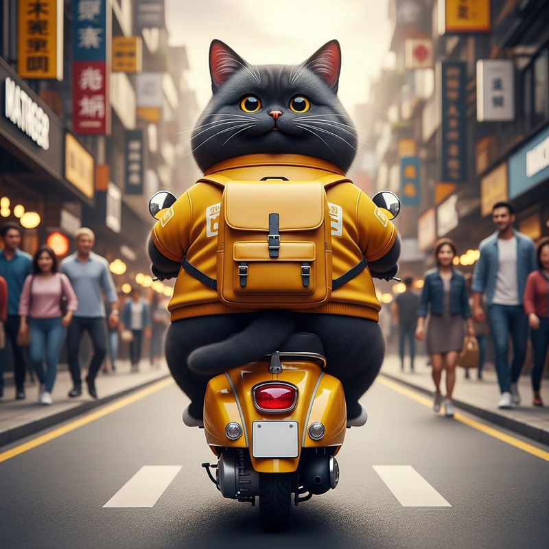 Delightful Chubby Black Cat in Yellow Courier Uniform on Moped Delightful Chubby Black Cat in Yellow Courier Uniform on Moped