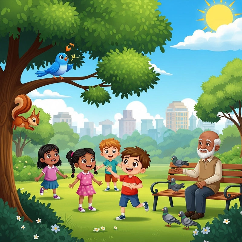Sunny Park: Playful Bird, Squirrel & Kids Cartoon Sunny Park: Playful Bird, Squirrel & Kids Cartoon