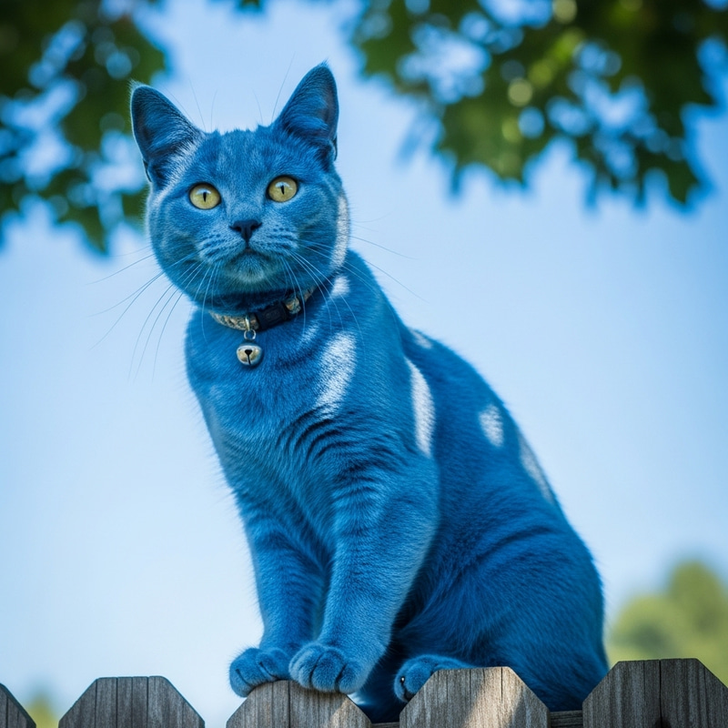 Majestic Blue Cat on Wooden Fence | Vibrant Azure Fur Majestic Blue Cat on Wooden Fence | Vibrant Azure Fur