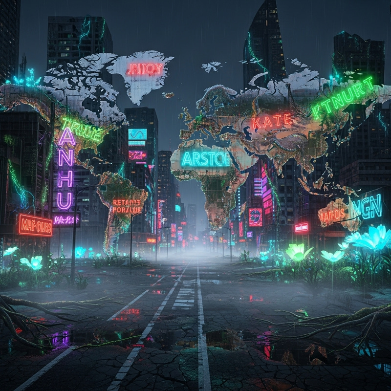 The World Map with Malfunctioning Neon Signs and Bioluminescent Transformation The World Map with Malfunctioning Neon Signs and Bioluminescent Transformation